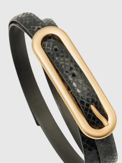 Peau de serpent noire - Ceinture fine en cuir avec boucle allongée Reiss Chaya