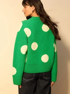 Pois vert vif - Pull en maille à col rond en laine