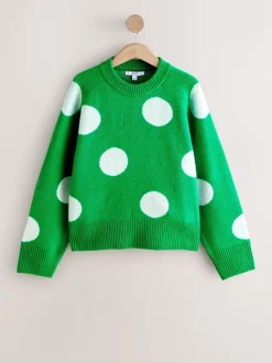 Pois vert vif - Pull en maille à col rond en laine