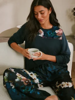 Pyjamas B by Ted Baker en jersey de satin fleuri bleu canard