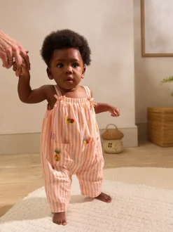 Rayé orange/blanc - Salopette tissée 100% coton bébé (0mois-3ans)