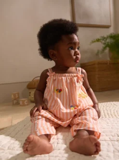 Rayé orange/blanc - Salopette tissée 100% coton bébé (0mois-3ans)