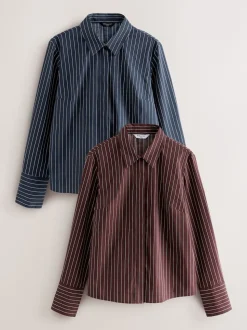 Rayure bleu marine/bordeaux - Lot de 2 chemises ajustées extensibles indispensables à manches longues