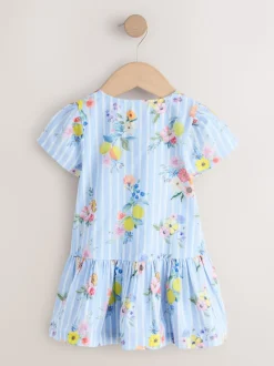 Rayure bleue/blanche fleurie - Robe en coton à manches courtes (3mois8ans)
