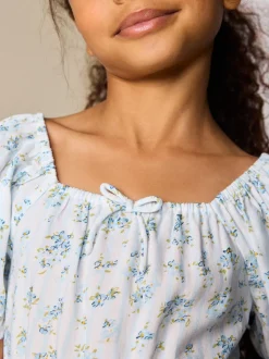 Rayure Ditsy Bleue - Ensemble chemisier et jupe à manches bouffantes (3-16ans)