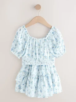 Rayure Ditsy Bleue - Ensemble chemisier et jupe à manches bouffantes (3-16ans)