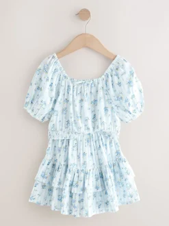 Rayure Ditsy Bleue - Ensemble chemisier et jupe à manches bouffantes (3-16ans)