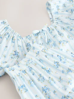 Rayure Ditsy Bleue - Ensemble chemisier et jupe à manches bouffantes (3-16ans)