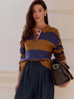 Rayure marron/bleu camel - 100% laine N.Premium Polo Pull