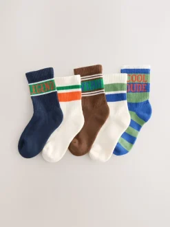 Rayures à slogan écru/marron - Semelle intérieure coussinée Chaussettes côtelées en coton riche 5 Pack