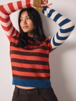 Rayures rouges/bleues multicolores - Pull à col rond à manches longues en laine