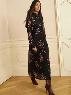 Robe Mi-long Love & Roses plissée en maille à Col montant