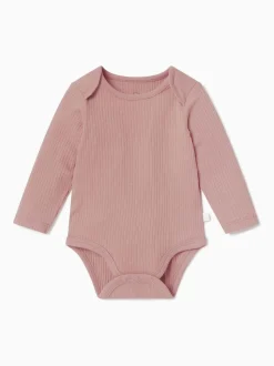 Rose - Body MORI côtelé extensible à manches longues et encolure