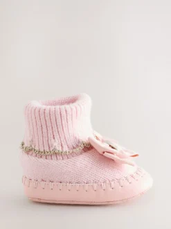 Rose - Chaussons en maille à bord festonné pour Bébé fille avec nœud