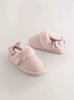 Rose - Chaussons mules Baker by Ted Baker fille en daim en fausse fourrure avec nœud