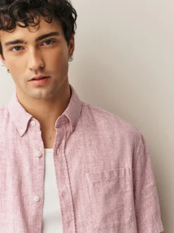 Rose - Col Classique - Chemise à manches courtes en lin et coton mélangés