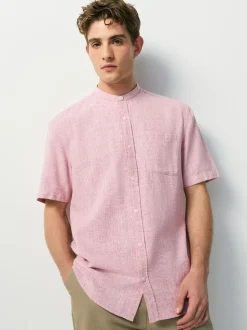 Rose - Col grand-père. - Chemise à manches courtes en lin et coton mélangés