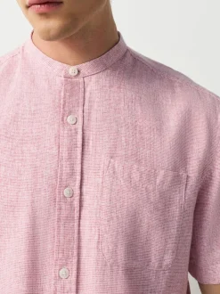 Rose - Col grand-père. - Chemise à manches courtes en lin et coton mélangés