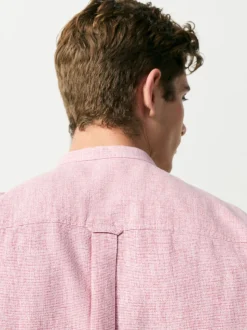 Rose - Col grand-père. - Chemise à manches courtes en lin et coton mélangés