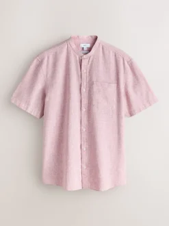 Rose - Col grand-père. - Chemise à manches courtes en lin et coton mélangés
