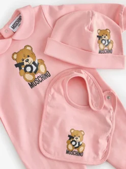 Rose - Dors-bien Moschino bébé à logo, bonnet et bavoir avec coffret cadeau
