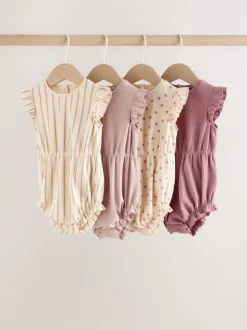 Rose à pois et rayures tonales - Lot de 4 barboteuses à épaules volantées pour bébé