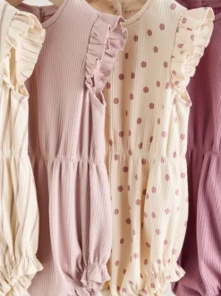 Rose à pois et rayures tonales - Lot de 4 barboteuses à épaules volantées pour bébé