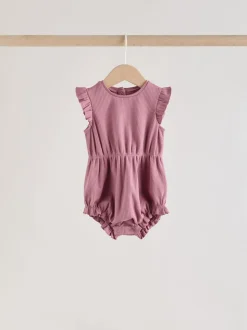 Rose à pois et rayures tonales - Lot de 4 barboteuses à épaules volantées pour bébé