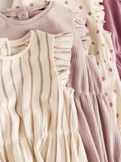 Rose à pois et rayures tonales - Lot de 4 barboteuses à épaules volantées pour bébé