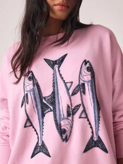 Rose - Sweat-shirt graphique avec perles et poisson