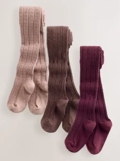 Rose baie rouge et marron chocolat - Lot de 3 collants en torsades de coton riche