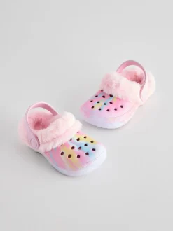 Rose imprimé marbré - Chaussons sabots doublés de fausse fourrure