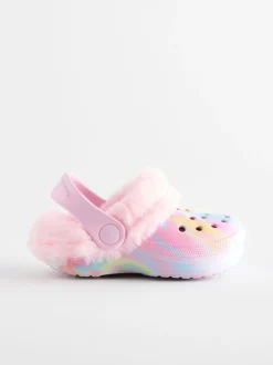 Rose imprimé marbré - Chaussons sabots doublés de fausse fourrure