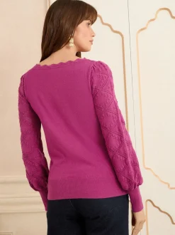 Rose magenta - Pull Love & Roses Bobble Stitch en maille festonnée