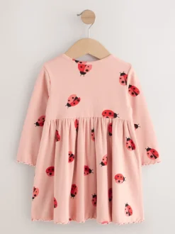 Rose motif coccinelles - Robe côtelée à manches longues (3mois-7ans)