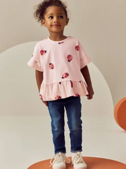 Rose motif coccinelles - T-shirt péplum à manches courtes (3mois-7ans)
