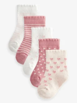 Rose motif cœur et rayures - Lot de 5 chaussettes pour bébé (0mois-2ans)
