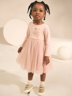 Rose motif fée - Robe de fête en maille à manches longues (3mois-7ans)