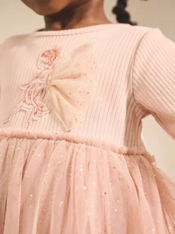 Rose motif fée - Robe de fête en maille à manches longues (3mois-7ans)