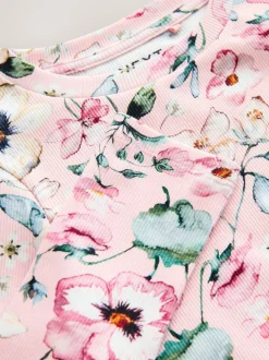 Rose pâle à fleurs - Top côtelé à manches longues (3-16ans)