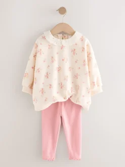 Rose pâle à petites fleurs  - Ensemble Sweat-shirt et Leggings à col (3mois-7ans)