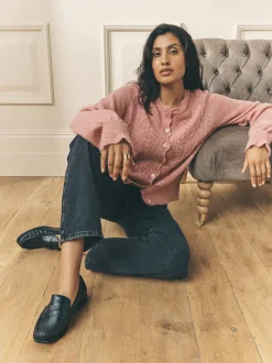 Rose poudré - Laura Ashley Cardigan boutonné pointelle et festoncles avec une touche de laine