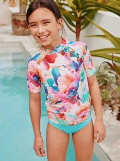 Rose tropical - Ensemble de bain à manches courtes Sunsafe Rash Gilet et Sous-vêtements (3-16ans)