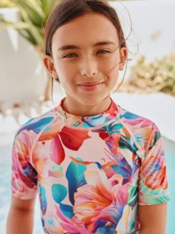 Rose tropical - Ensemble de bain à manches courtes Sunsafe Rash Gilet et Sous-vêtements (3-16ans)