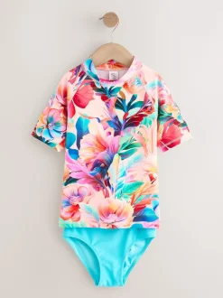Rose tropical - Ensemble de bain à manches courtes Sunsafe Rash Gilet et Sous-vêtements (3-16ans)