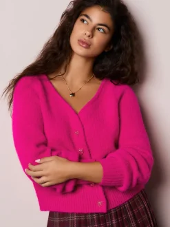 Rose vif - Cardigan boutonné cœur en laine