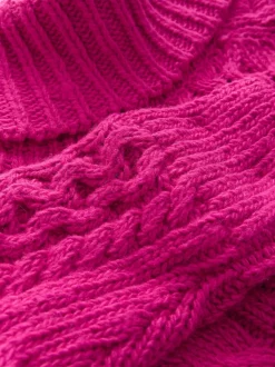 Rose vif - Pull long torsadé à col roulé en laine