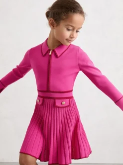 Rose vif - Robe Reiss Anne plissée en maille à liserés