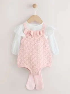 Rose/Blanc - Ensemble 3 pièces Bébé avec barboteuse et salopettes en maille et collants (0mois -2ans)