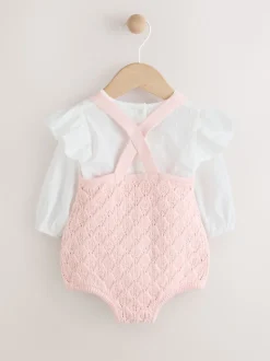Rose/Blanc - Ensemble 3 pièces Bébé avec barboteuse et salopettes en maille et collants (0mois -2ans)